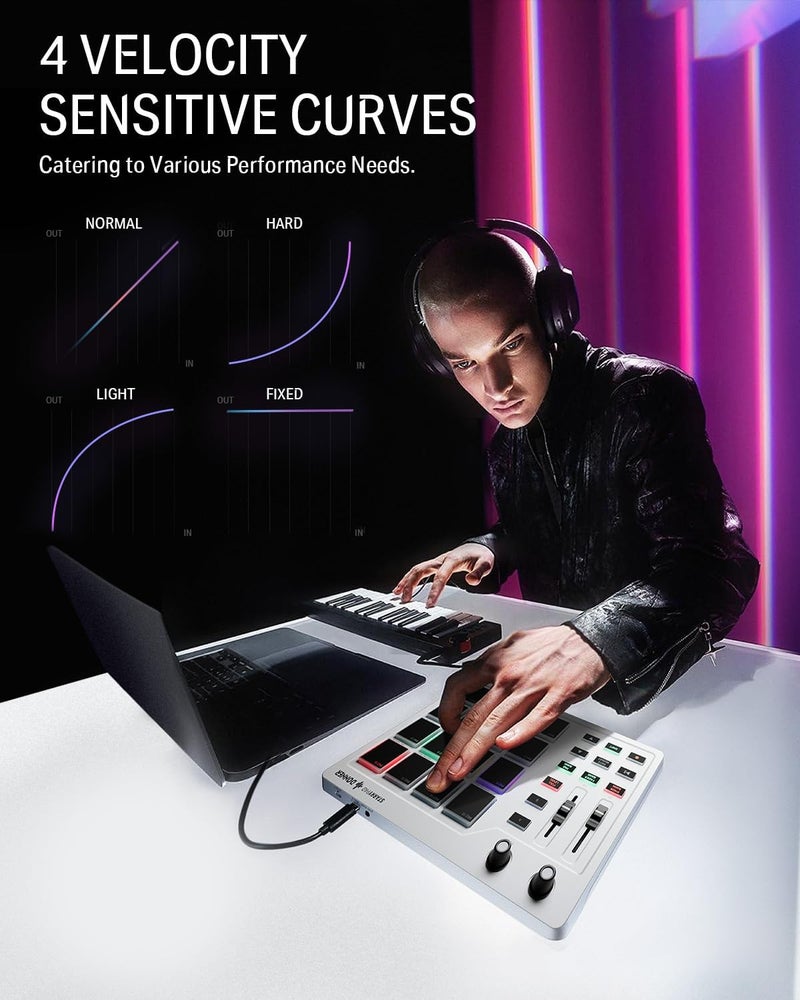 Donner آلة صنع الإيقاع MIDI Pad Beat Maker Professional، آلة الطبول مع 16 لوحة إيقاع، 2 فادر وقبضات قابلة للتخصيص وبرنامج إنتاج الموسيقى، وحدة تحكم USB MIDI مع 40 دورة، STARRYPAD أبيض - Image 3